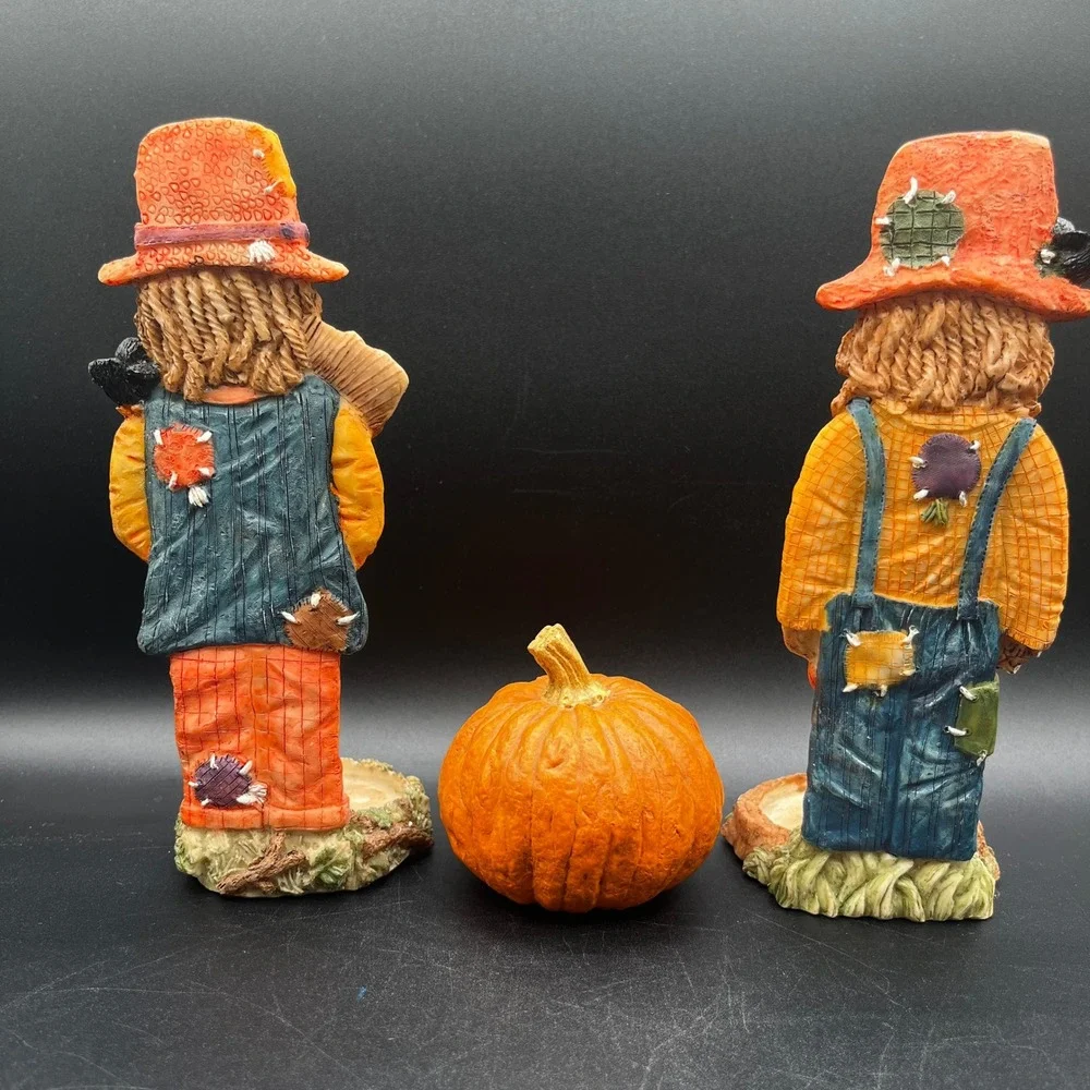 Resin Scarecrow Tea Light Candle Holder Set w/ Pumpkin Fall Harvest Decor 3pc